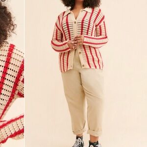 Callahan Knitwear Beige and Red Striped Cardigan